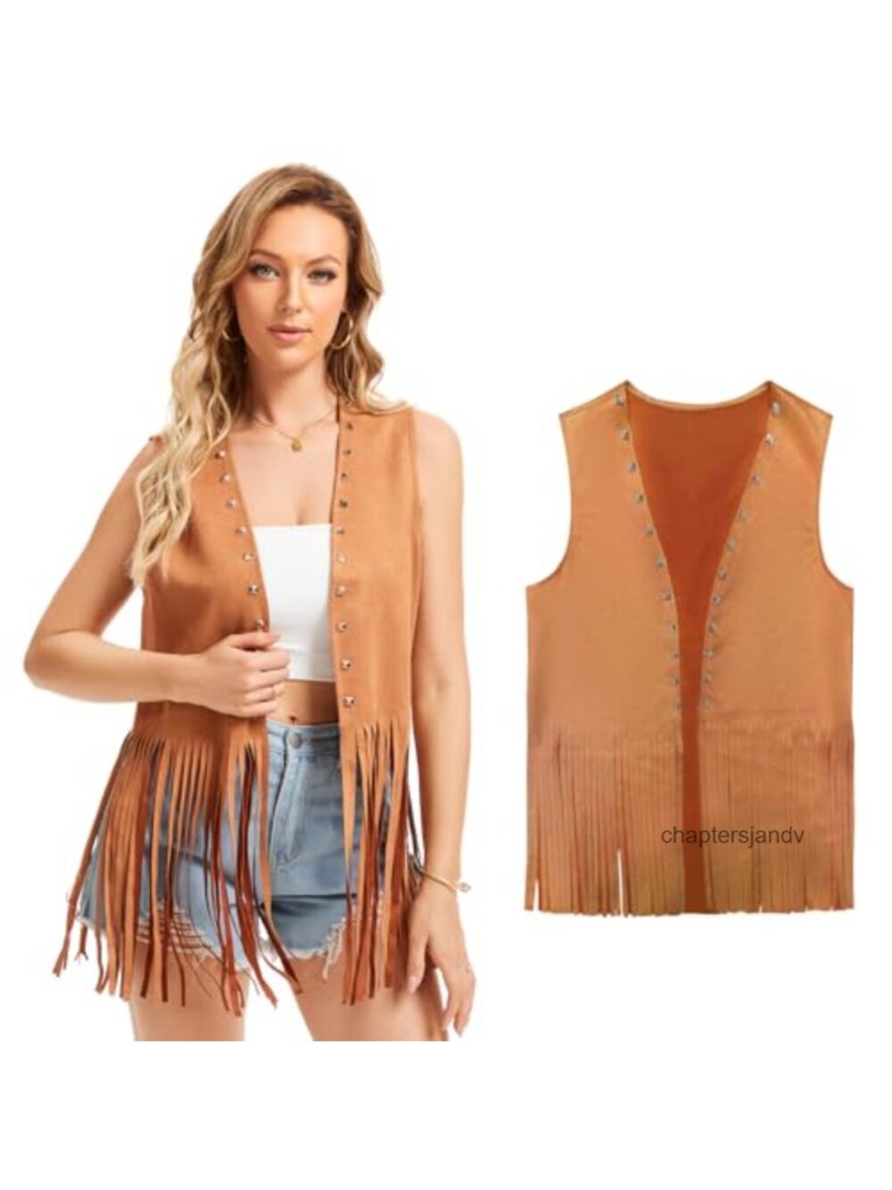 Fringe Vest 60s 70s Hippie Faux Suede Rivet Tassel Sleeveless Western Halloween